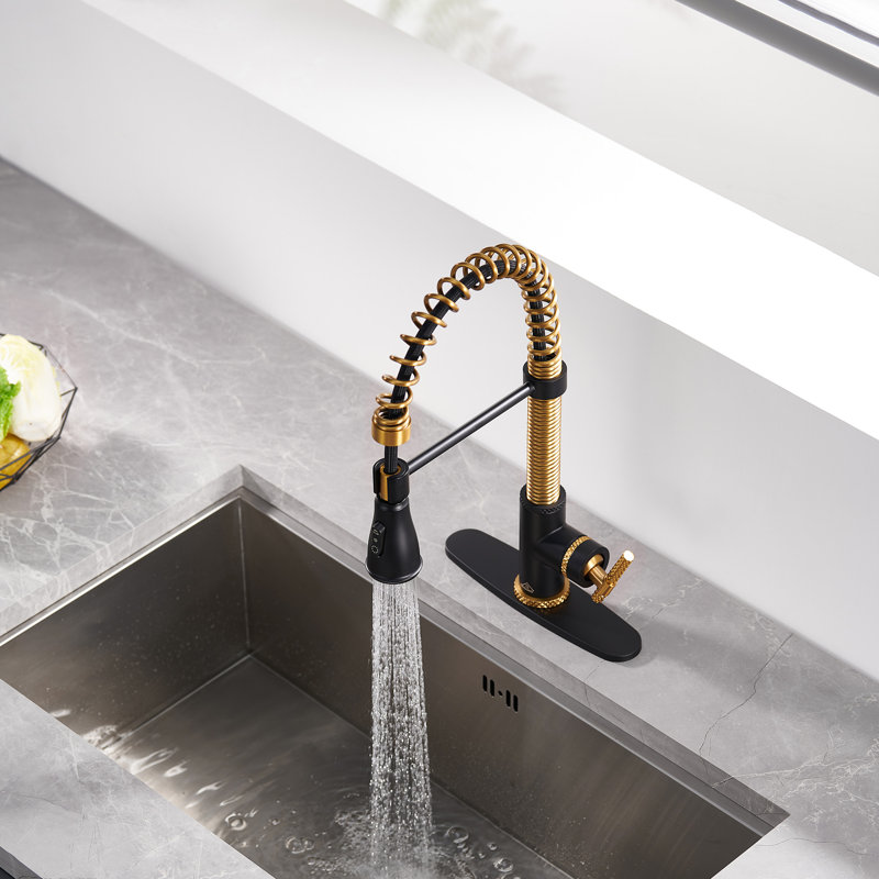 Bolden CASAINC 1.8 GPM Britt Commercial Style Pull Down Single Handle Kitchen Faucet, Matte Black/Brushed Gold