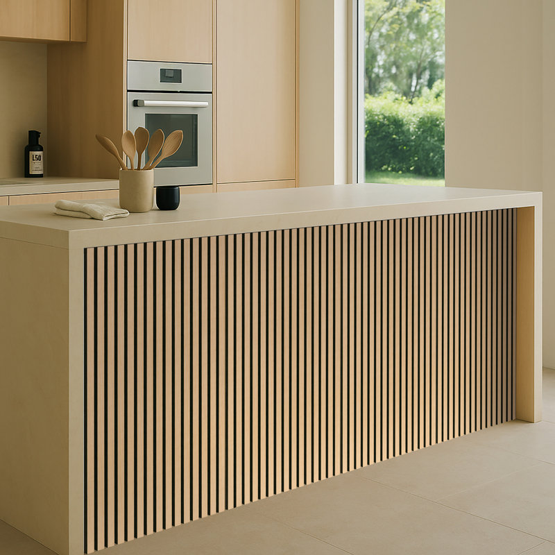 Panneau mural acoustique beige chaud 24 po x 48 po SereniSlats, panneau isolant à lattes de bois cannelées 3D, Beige miel