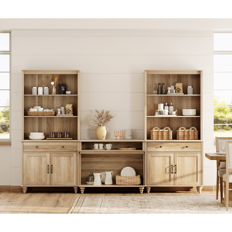 Sideboard Cabinet With Bar Hutch, Vintage Wood Grain Design, Buffet Cabinet With Cabinets And Open Shelves, 105 Inch, Oak/Oak