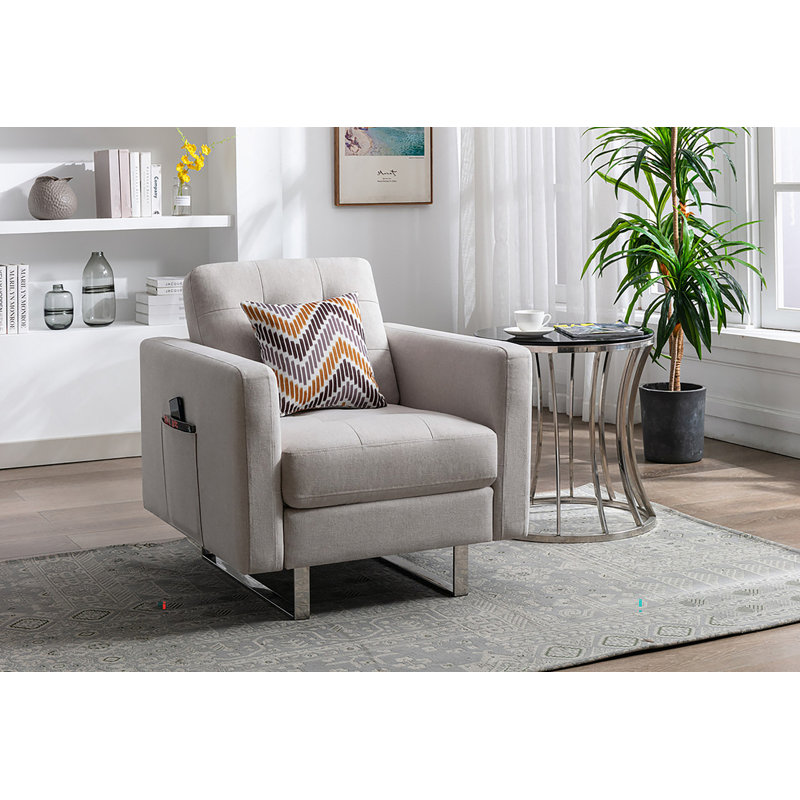 Fauteuil l 33,5 po en tissu de lin beige avec pieds en métal, poches latérales et coussin