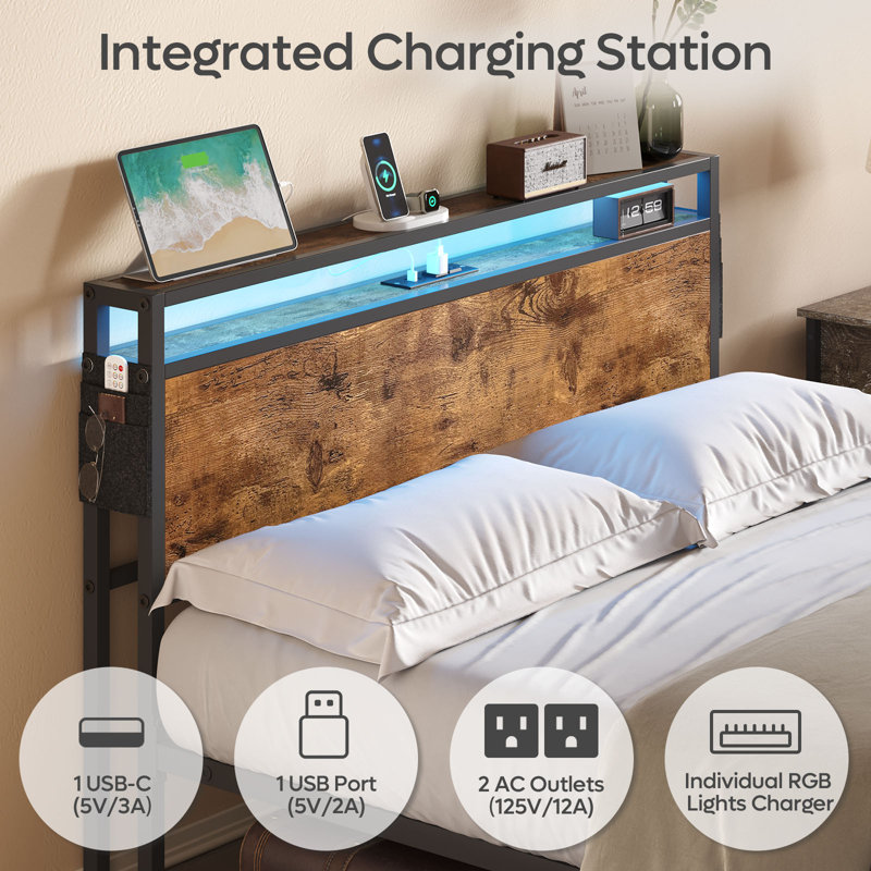 Queen Metal Bed Frame with Rustic Wood Storage Headboard and LED Lights