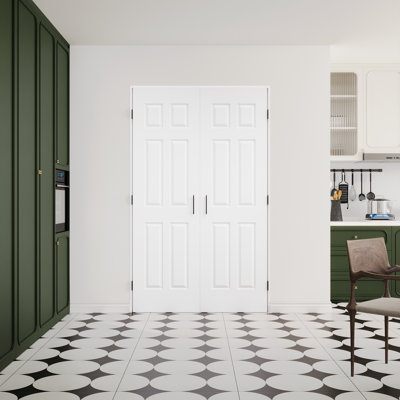 Interior 6-Panel Molded Solid Door, CARB P2 Certified MDF French Doors, Includes Frame & Matte Black Hardware-Ball Catches & Hinges & Handles, Pre‑Finished & Waterproof, Pantry, Bedroom, Bathroom & Closet, Easy DIY Stain, 48"x 80"