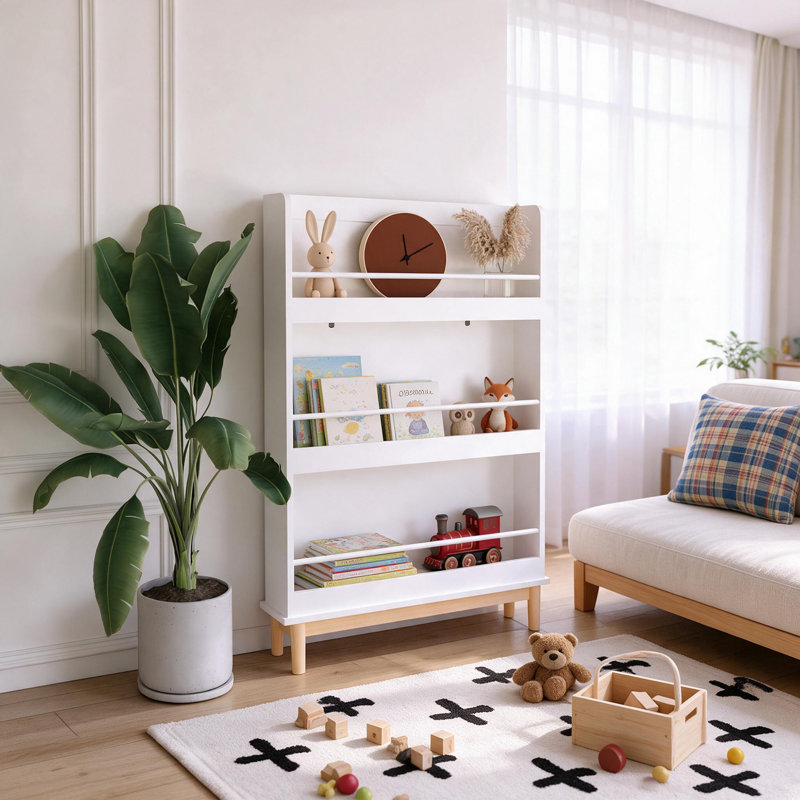 Wall-Mounted Kids Bookshelf With 3 Front-Facing Display Shelves, Modern Book Rack With Wood Base For Toddler Bedroom, Nursery Or Playroom