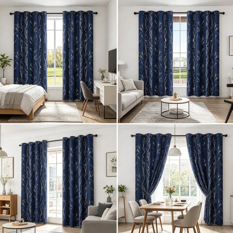Navy Blue Blackout Curtains with Silver Tree Branch Eyelet Design 132 x 160 cm, 2 Panels