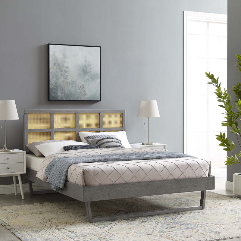 Gray Queen Wood Platform Bed with Cane Headboard
