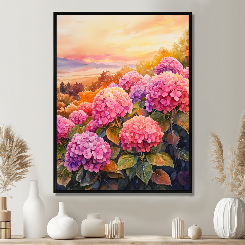 Wagner Hydrangea Field At Sunset II - Hydrangea Wall Art, Black, Floater Framed Print, 20" H x 12" W