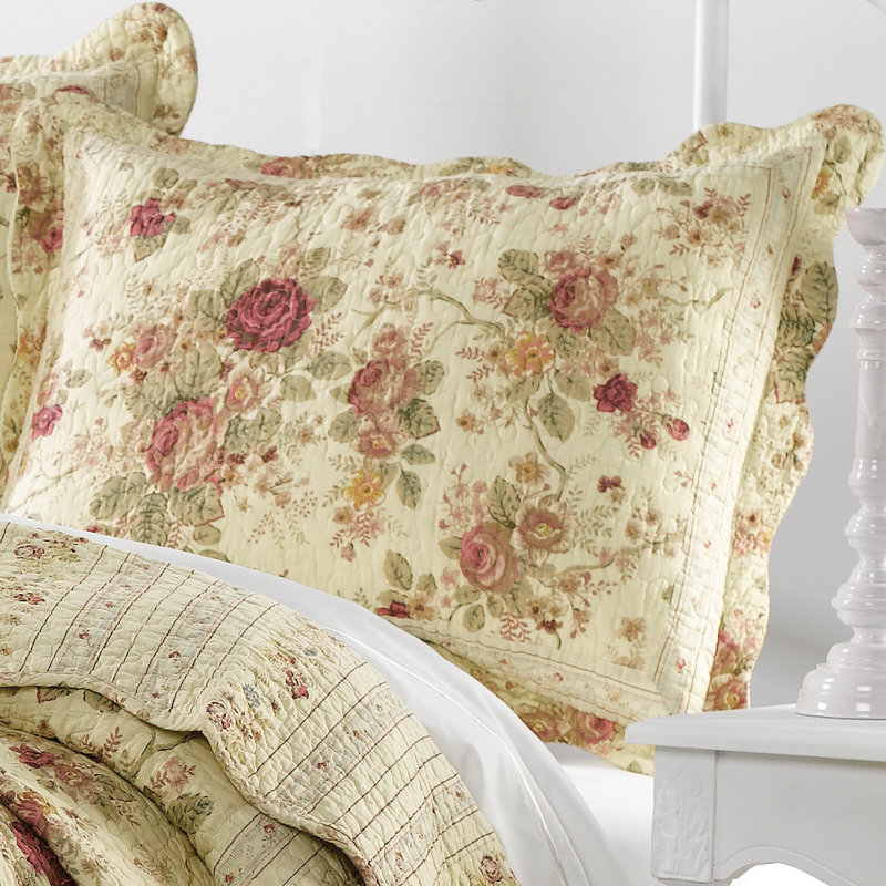 Antique Rose Ecru Cotton Quilted Standard Pillow Sham