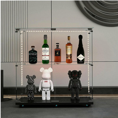 Vitrine en verre trempé, armoire à vin, armoire de rangement, classeur, avec bande lumineuse à DEL Bluetooth, roulettes pivotantes verrouillables, convient aux sols inégaux, peut être placé n'importe où, couleur: noir