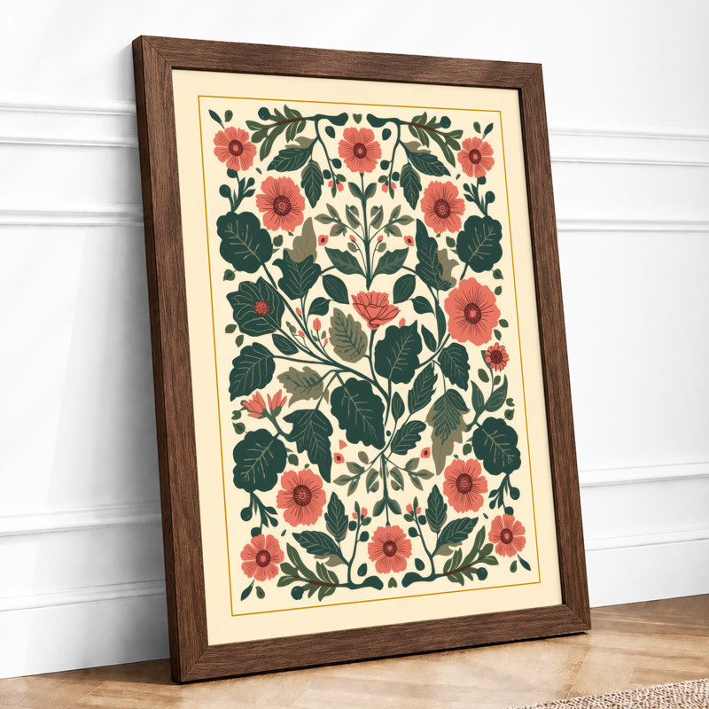 Symmetrical Floral Tapestry Botanical - Framed Print, A2 - 59.4 x 42.0 cm, Walnut