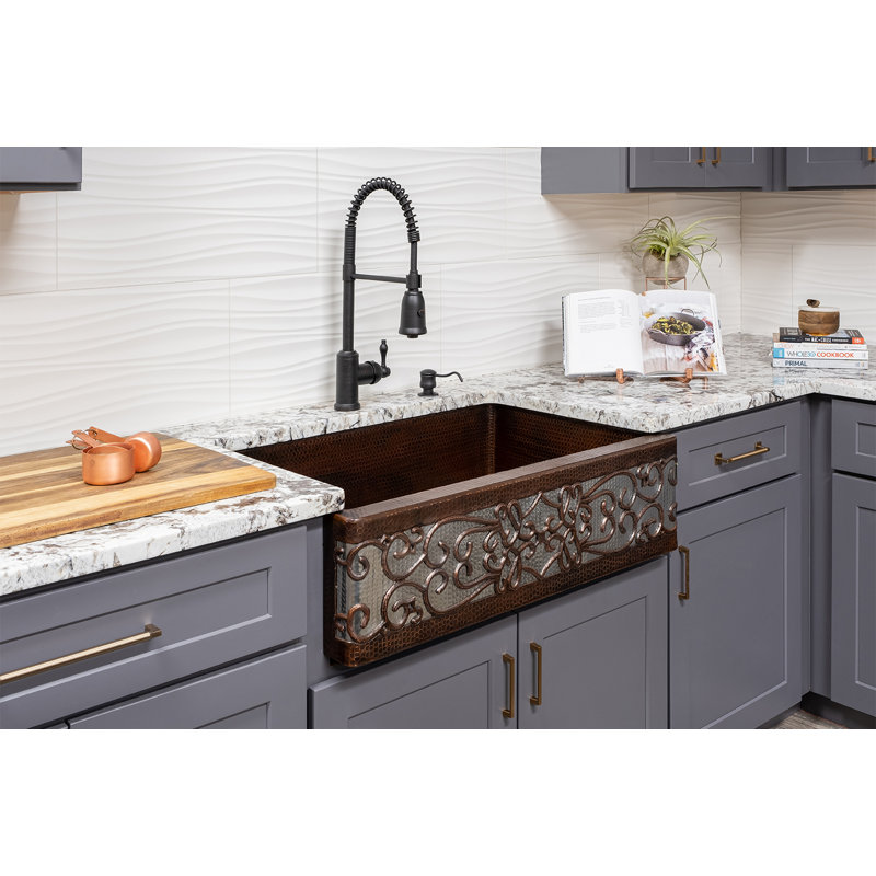 33" Hammered Copper Apron Front Single Basin Kitchen Sink w/ Scroll Design and Nickel Background