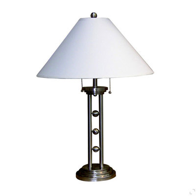 Lampe de table 27 "en métal argenté" avec finition argentée, abat-jour en lin blanc