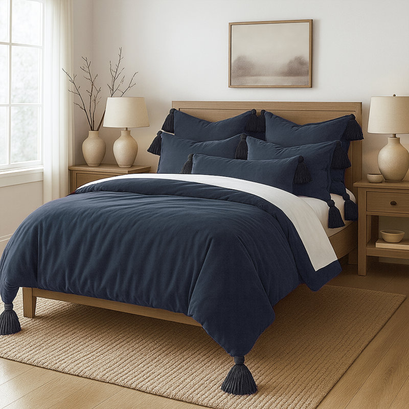 Cascade pompon bleu marine, Édredon de très grande taille et 5 pièces suppl, Marine