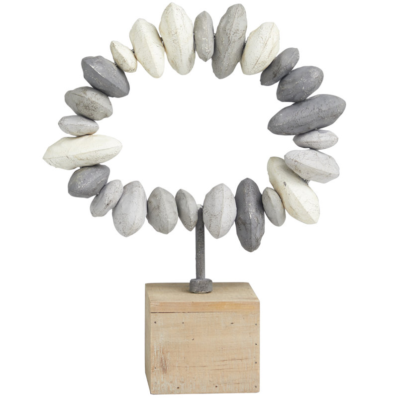 Sculpture circulaire Cecel en métal gris abstrait avec base en bois brun, H 13,90 po x l 11 po x P 4 po