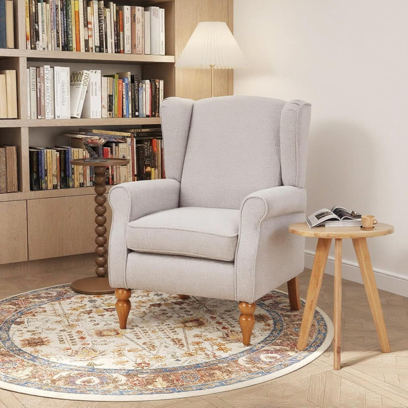 Table basse et fauteuil Vintage Luxury, fauteuil à oreilles en tissu de polyester avec dossier haut, beige, Beige