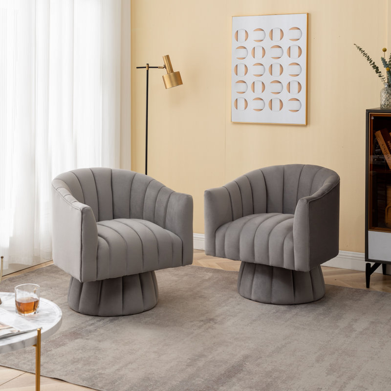 Fauteuil demi-tonneau pivotant en velours capitonné de 28 pouces de largeur Murrow, Velours gris