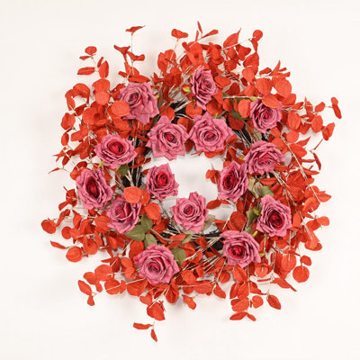 24" Artificial Farmhouse Fall Eucalyptus Birch Thanksgiving Day Harvest Rose Floral Wreath For Front Door