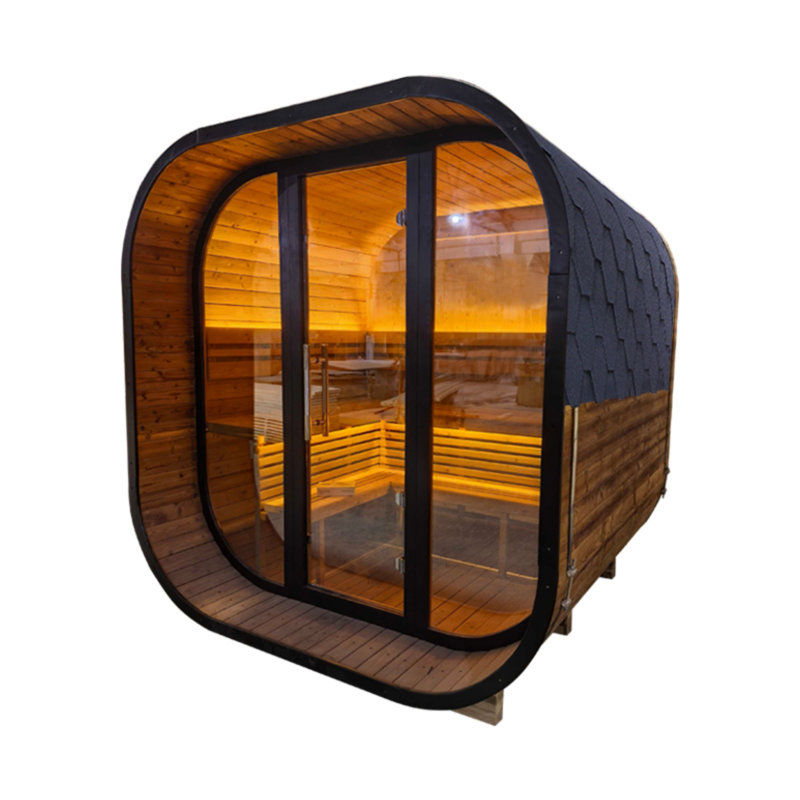 4-6 Person Outdoor Traditional Steam Sauna – Carbonized Spruce, Tinted Glass, Weather-Resistant Shingle Roof For Backyard Spa Relaxation