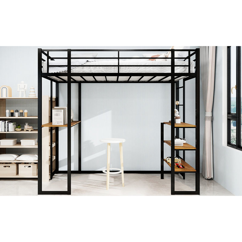 Lit à structure en fer avec rampe et escalier pour chambre à coucher, noir, espace, Noir