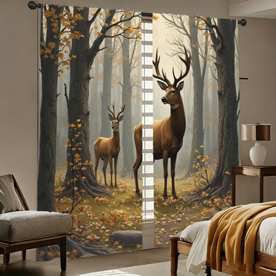 2Pcs Autumn Forest Deer Print Curtains, double-season fabric, vintage mysterious circular pattern, light filtering and privacy protection drapes, rod pocket design, suitable for living room, bedroom, balcony, kitchen, outdoor home decoratio