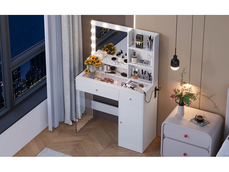 Bureau de coiffeuse avec miroir et 3 modes d'éclairage, coiffeuse de maquillage avec plateau en verre et tablettes de rangement, coiffeuse avec 2 tiroirs et armoire