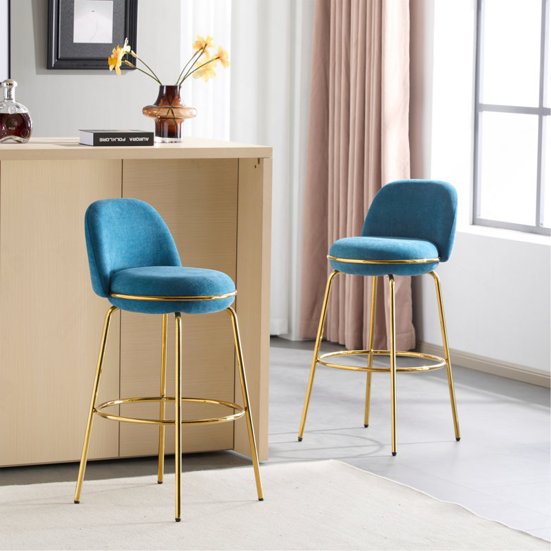 Ensemble de 2 tabourets d'intérieur revêtus de métal, cadre doré et revêtement bleu, Bleu