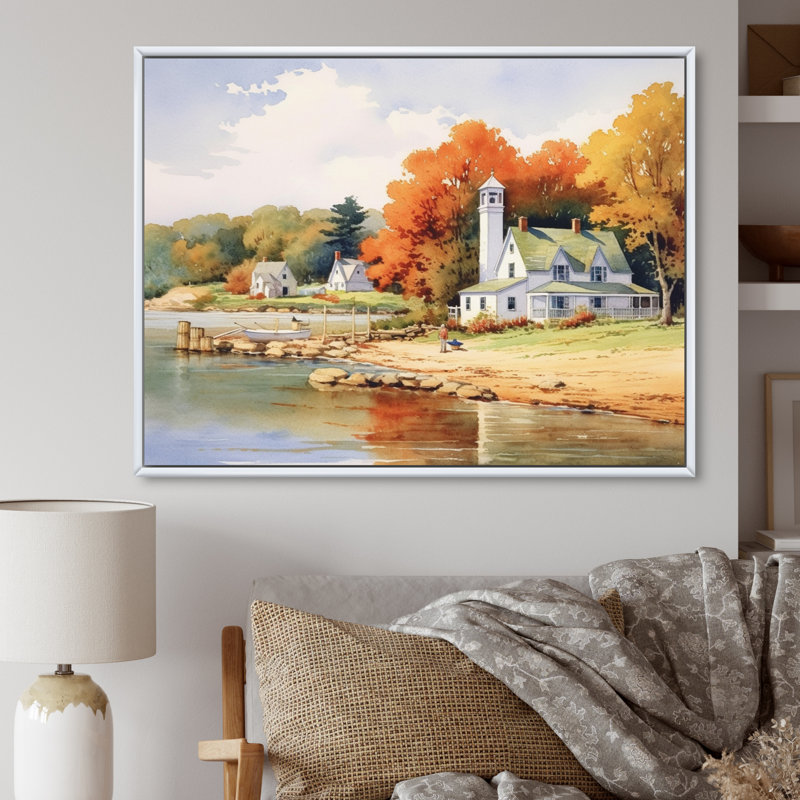 Connecticut's Lake Village Charm II - reproduction sur toile, H 12 po x l 20 po x P 1 po, Cadre flottant blanc
