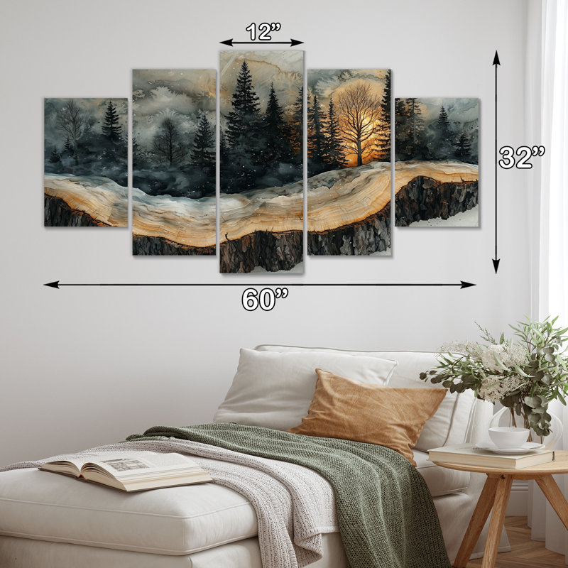 Arbre 4 saisons dans un paysage de forêt I - Art mural forêt - ensemble d'art mural traditionnel 5 pièces