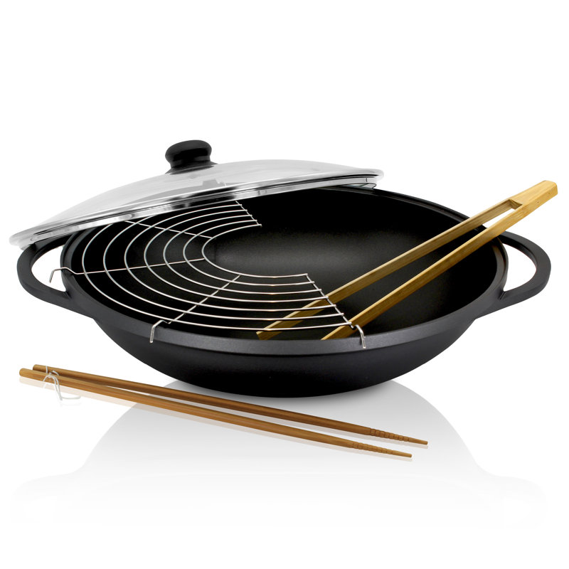 Krüger Aluguss-Wok Leipzig mit Glasdeckel und Zubehör