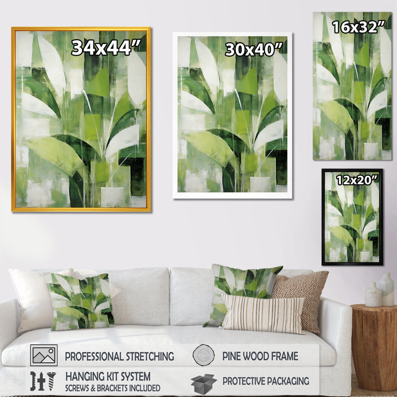 Abstrait, plantes vertes, minimalisme, collage rétro - plantes, art sur toile, H 32 po x l 16 po x P 1 po, Toile tendue