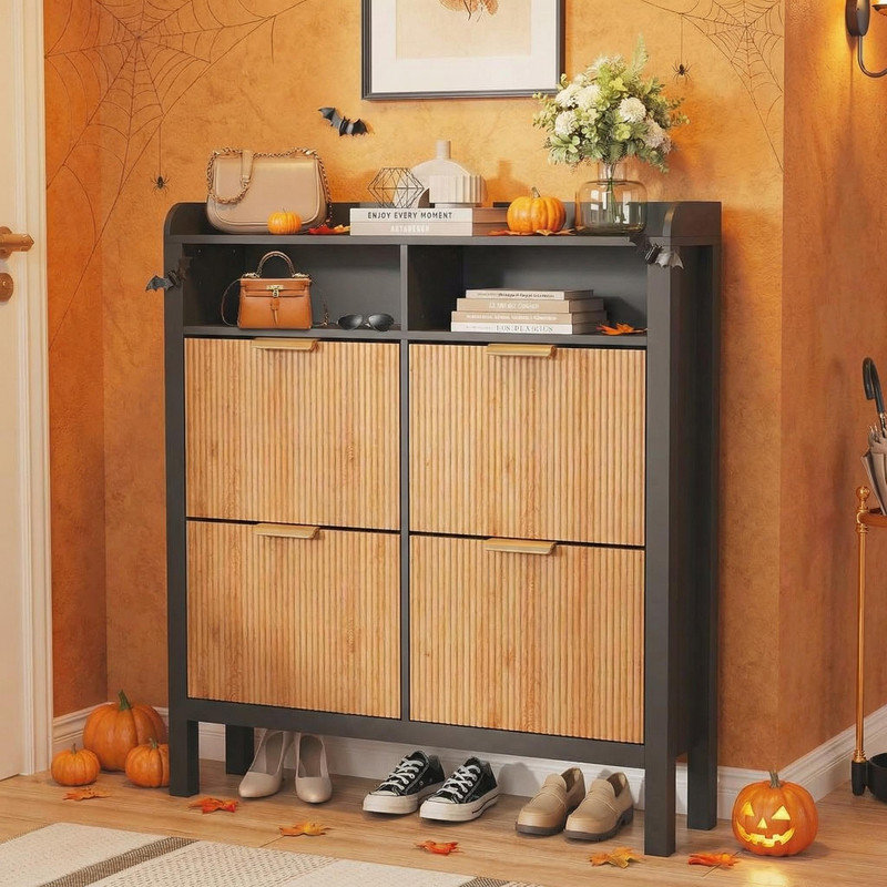 Shoe Storage Cabinet with 4 Flip Drawers, Narrow Freestanding Organizer for Entryway, Hallway, or Living Room, Modern Fluted Design Shoe Rack for 24–32 Pairs, Space-Saving Furniture for Home