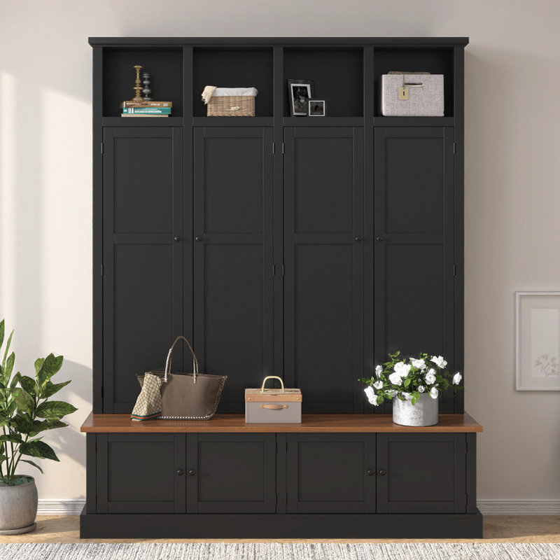 76.7" Farmhouse Hall Tree with Bench & Cabinet, 4-in-1 Entryway Organizer with Coat Rack, Open Cubbies, Hooks & Enclosed Storage, Freestanding MDF Cabinet for Hallway, Living Room