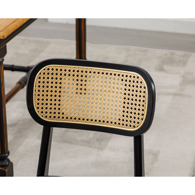 Almudena Mid-century Upholstered Rattan Dining Chairs Side Chair with Wooden Frame for Living Room Dining Room, Black