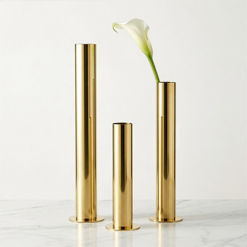  Hatcher Set of 3 Handmade Gold Stainless Steel Cylinder Vases (10", 14", 18"), Gold