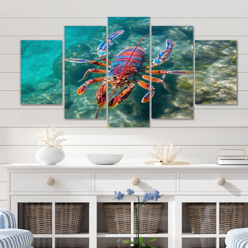 Mauve majestueux, homard, turquoise, eau tropicale - animaux marins, art mural sur toile - 5 panneaux