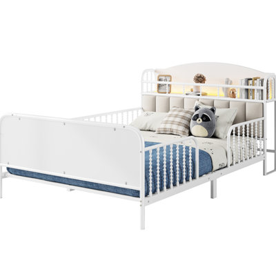 White Full Bed, Upholstered Headboard, Led Strip, Storage Function, All - Round Protection, Low Profile, Corners 21 Slats