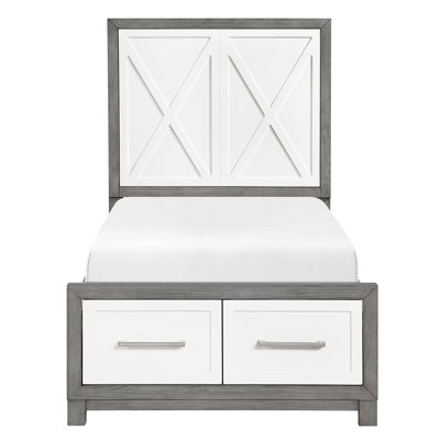 Lit plateforme moderne simple avec rangement et 2 tons gris, matériau en bois, rangement contemporain fourni avec tête de lit, finition, tiroirs à glissières à roulement, poignées en nickel, sans sommier