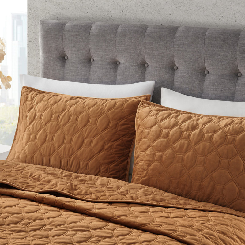 3 pièces de courtepointe en velours rouille très grand / très grand, motif géométrique, 1 et 2 taies décoratives au design élégant, courtepointe, rembourrage en coton chaud