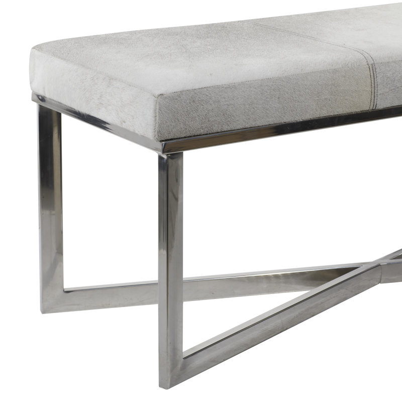 Banc en cuir de vache fait à la main en cuir avec base en métal argenté