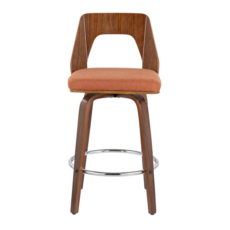 Mid-Century Walnut and Orange Swivel Counter Stools, Set of 2