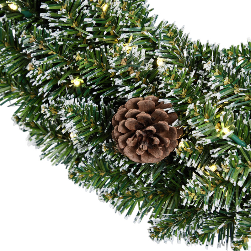 Couronne de Noël 24 pouces à pointe verte et blanche avec pommes de pin et 50 lumières DEL blanc chaud pour porte