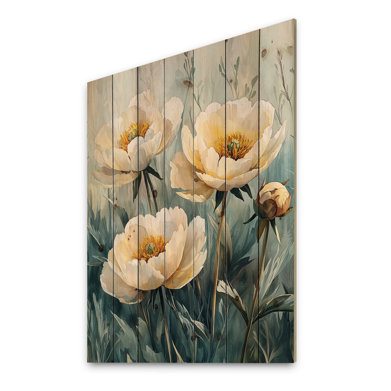 Winter Peonies In The Frosty Meadow II - Peonies Wood Wall Art - On Natural Pine Wood, 40" H x 30" W x 0.78" D