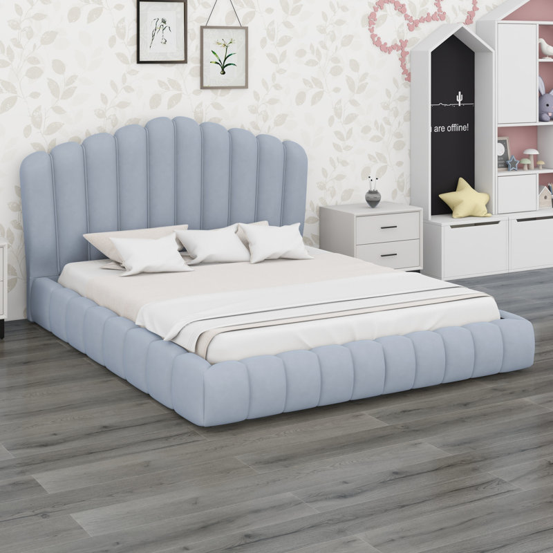 Upholstered Bed Frame Floor Bed Shell-Shaped Headboard, Light Blue