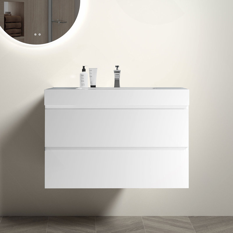 Meuble-lavabo mural flottant avec lavabo et rangement, Blanc, Blanc, 36"