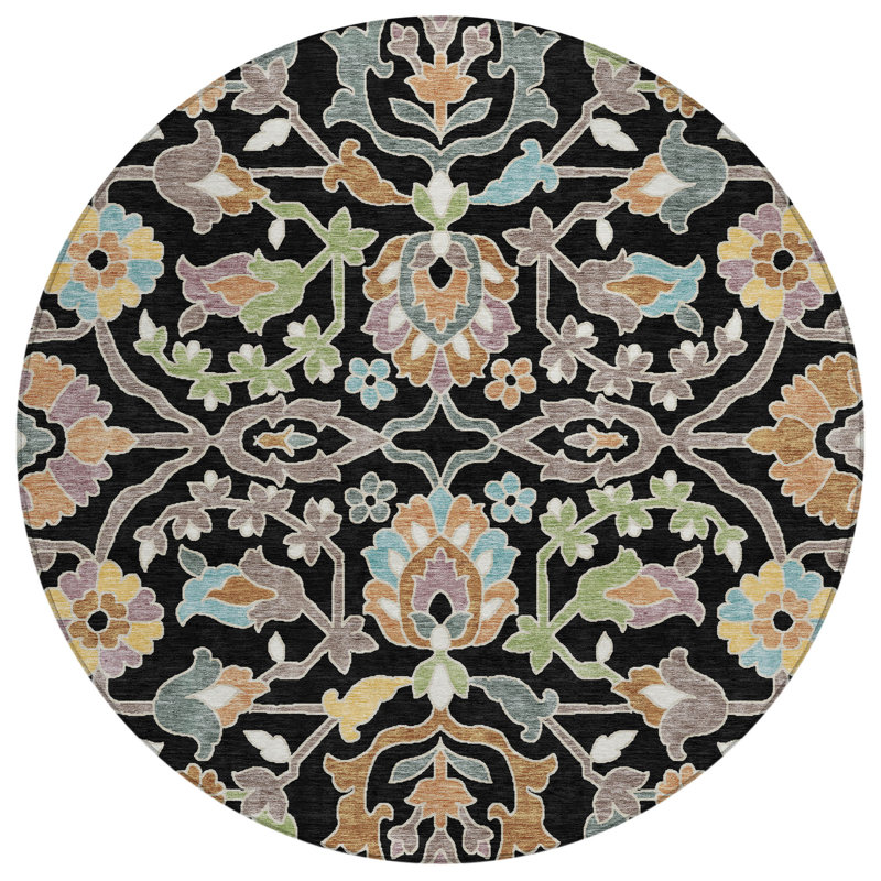 Machine Washable Indoor/Outdoor Chantille ACN2587 Floral Rug, 8' Round, Black