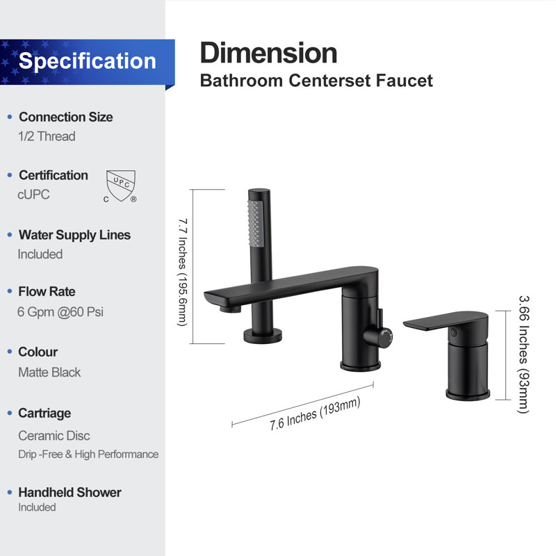Deck Tub Spout with Diverter, Matte Black