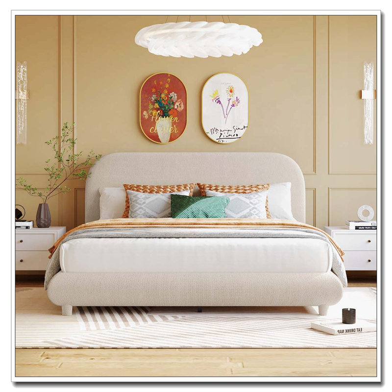 Lit plateforme tapissier Teddy, Beige, Grand lit
