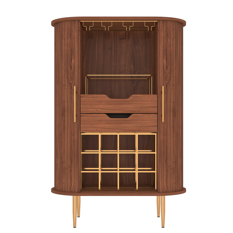 Modern Wine Bar with Wine Glass Rack and Storage Drawer, Brown