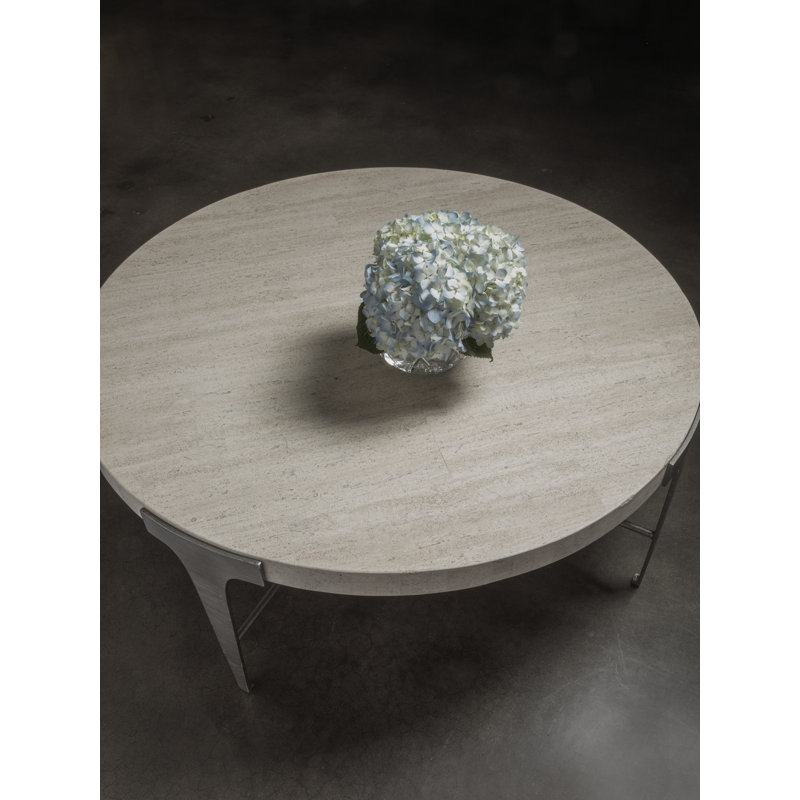 Modern Beige 42" Round Metal Cocktail Table with Travertine Top