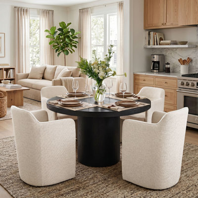 4 - Person Dining Table Sets With Solid  Round Table & 4 Upholstered Tweed Chairs