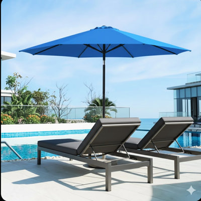 Parasol de patio extérieur bleu de 11 pieds, 8 nervures renforcées, auvent amélioré imperméable, relevage à manivelle, inclinaison à bouton-poussoir de 45 pieds, parasol de plage bleu sans pieds de base, structure, manivelle manuelle